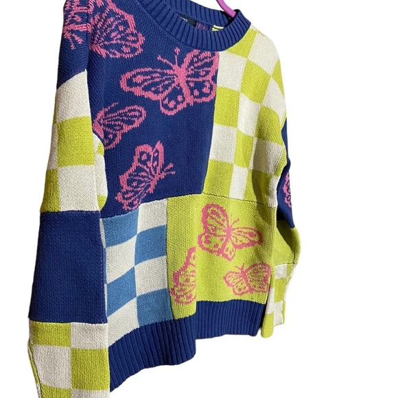 Forever‎ 21 Butterfly Checkered Sweater Blue Green Pink Size Medium - Picture 2 of 4